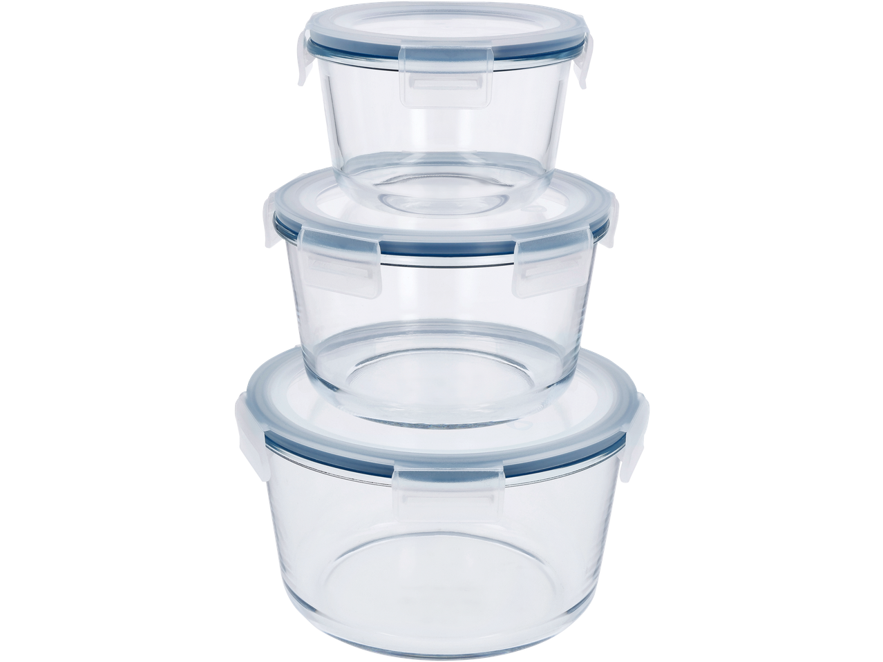 SILVERCREST® Glass Food Storage Containers: Stacked set of three round glass containers with blue-rimmed lids.