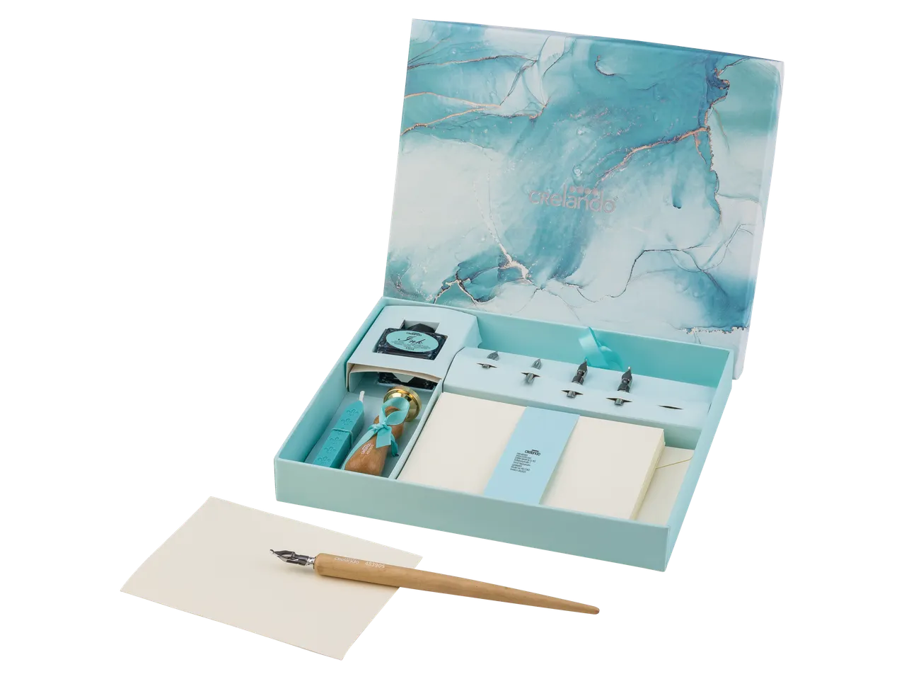 CRELANDO kaligrafijos rinkinys su plunksna, rašalu, vaško antspaudu ir popieriumi mėlynoje dėžutėje.