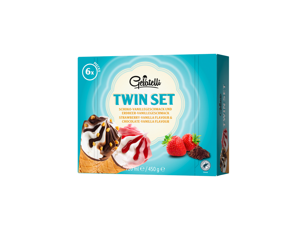 Gelatelli Twin Set: 6 cones de sorvete com sabores chocolate-baunilha e morango-baunilha.