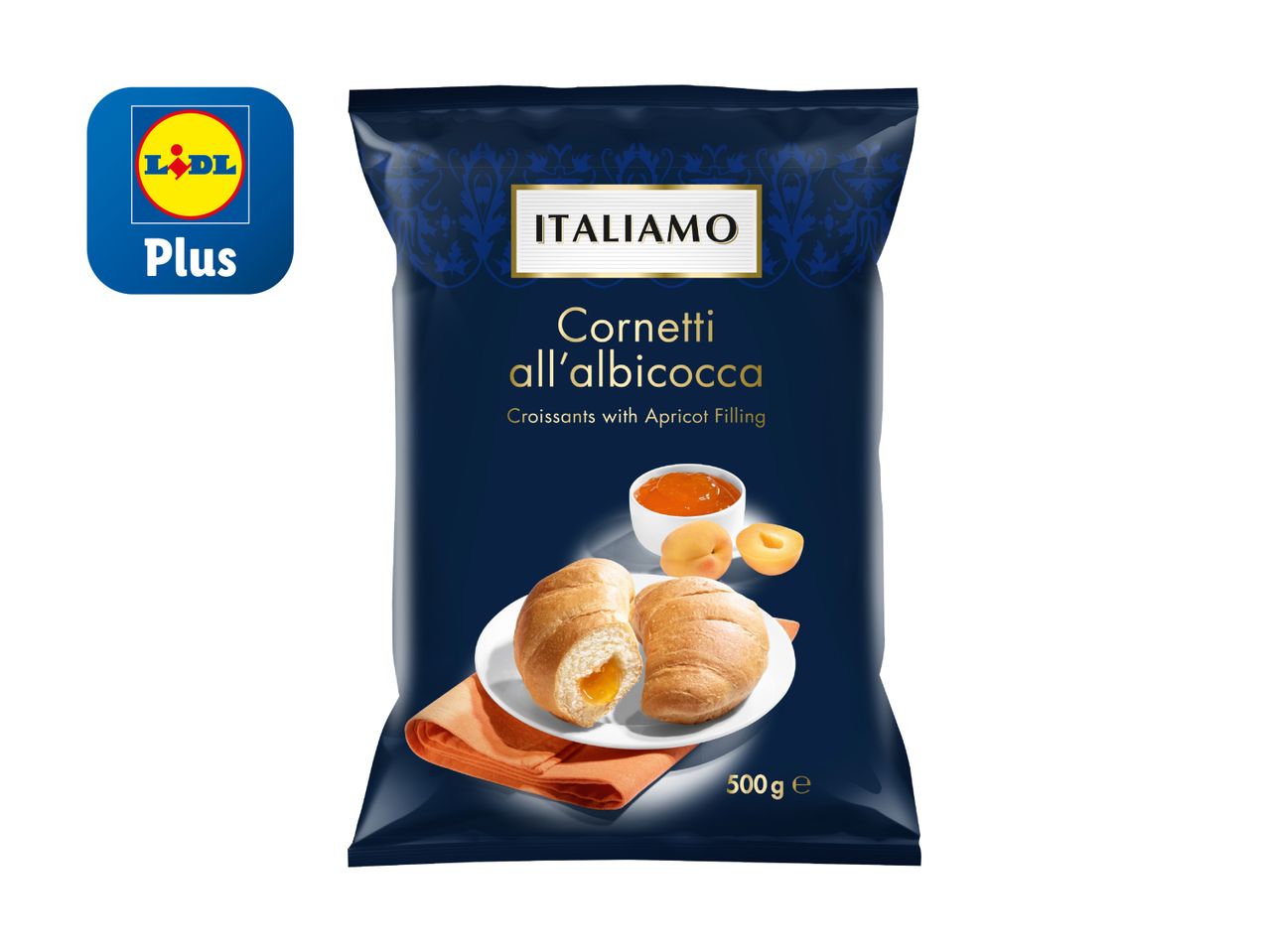Lidl Plus Cornetti all'albicocca: 500g Packung mit Aprikosen-Croissants.