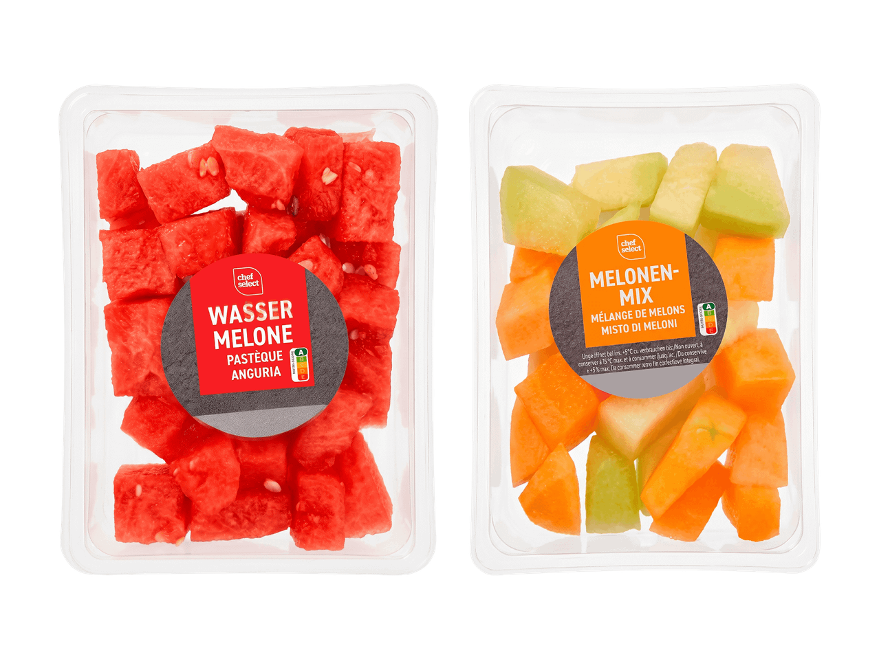 Deux barquettes de fruits frais coupés : pastèque et mélange de melons.