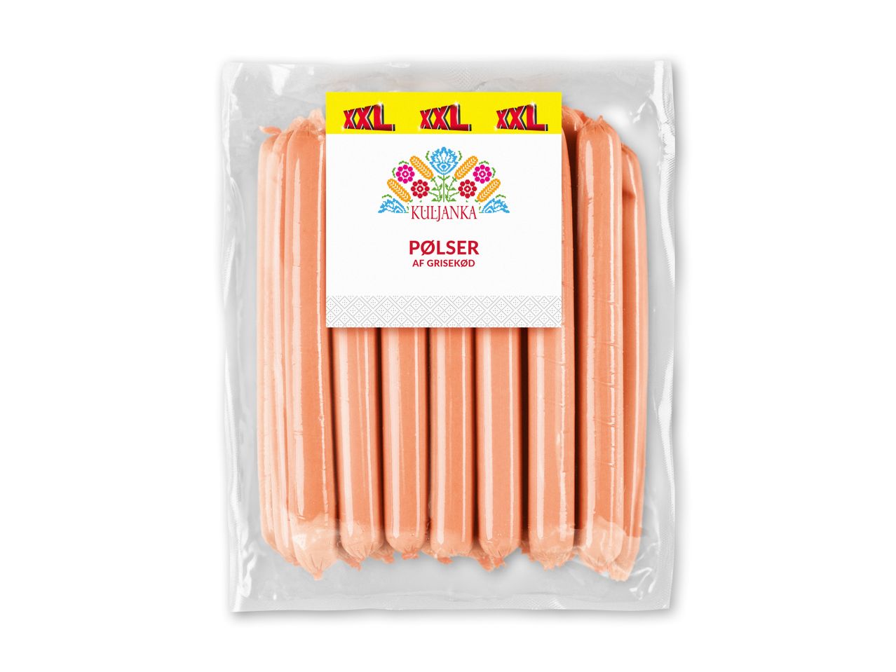 Pakke med pølser af grisekød med et farverigt, folkeinspireret mønster og teksten 'XXL'.