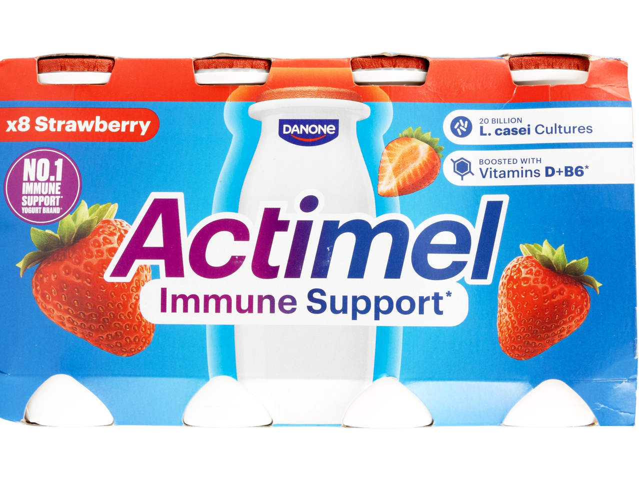 Actimel Strawberry Immune Support yogurt drinks, 8-pack, with Danone branding.