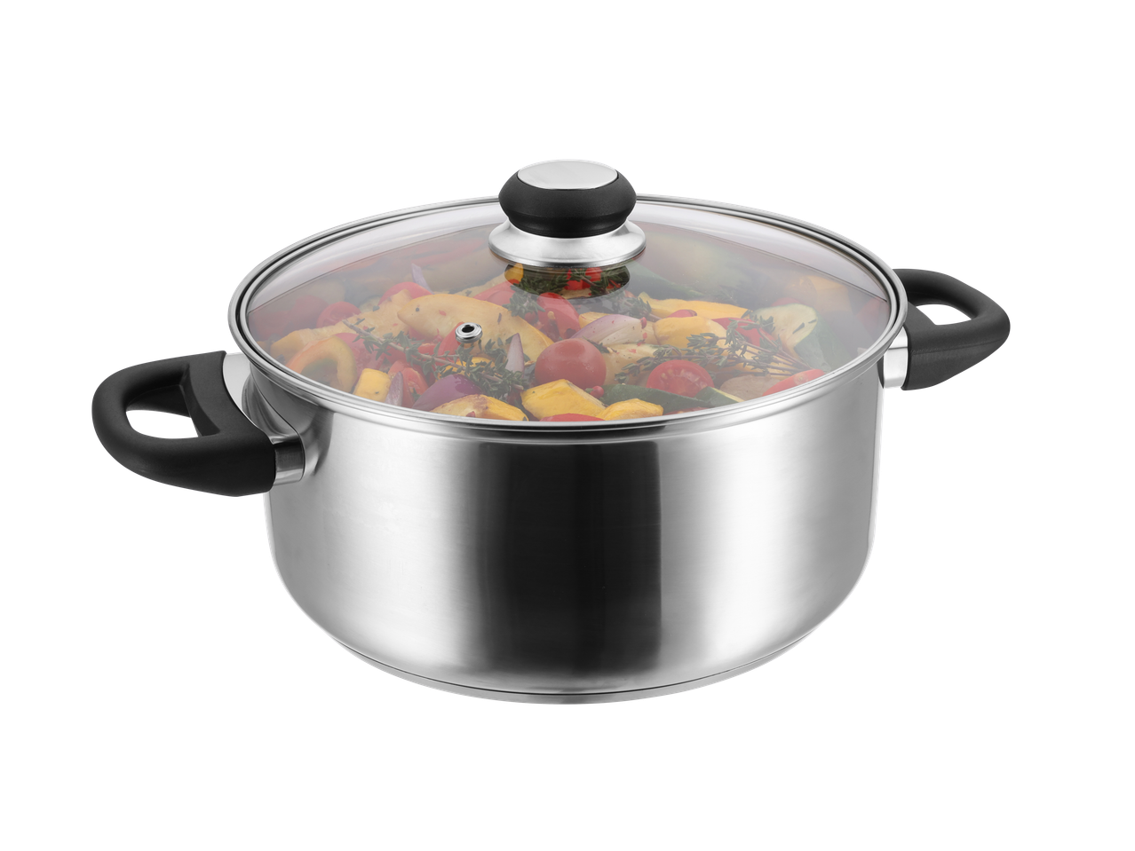 Nerūsējošā tērauda katls ar stikla vāku, kas piepildīts ar dažādiem dārzeņiem.