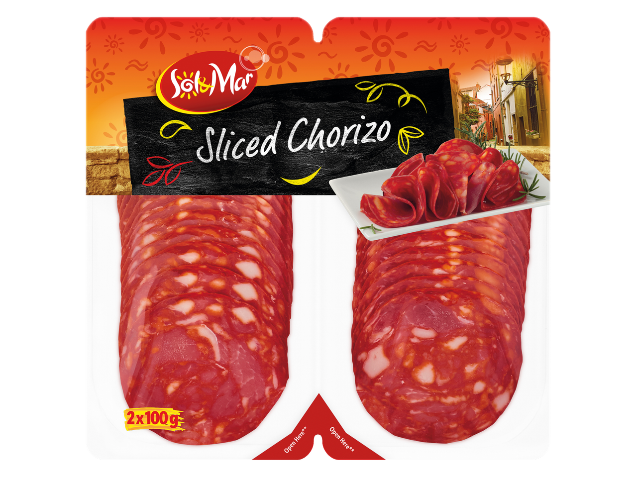 Sol & Mar Sliced Chorizo, 2x100g, with a Spanish street scene background.