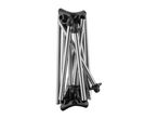 Folded camping stool with silver metal legs and black plastic connectors.