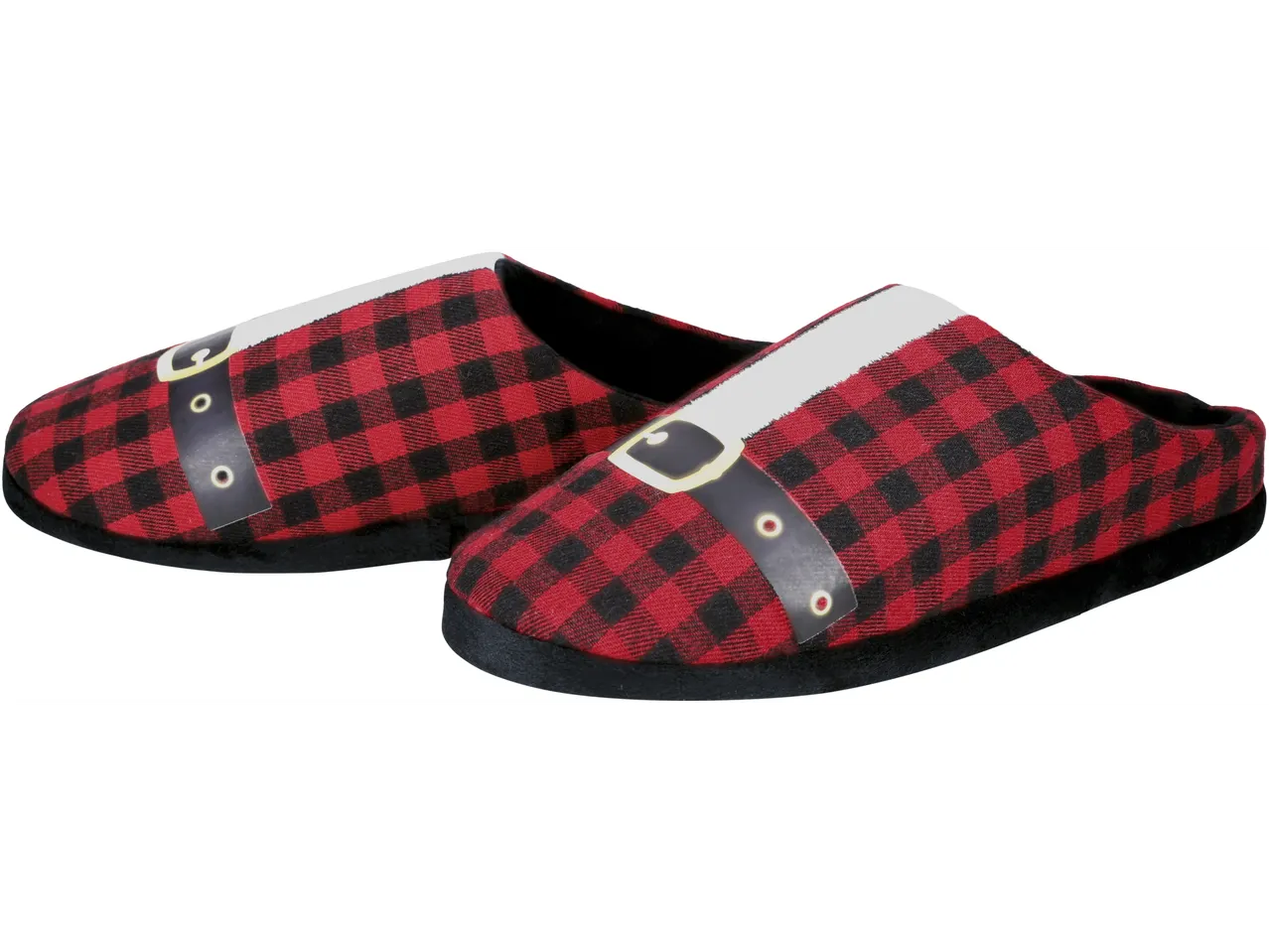 Esmara® Men šlepetės raudonos ir juodos spalvos languotu raštu su baltu diržu ir sagtimi.