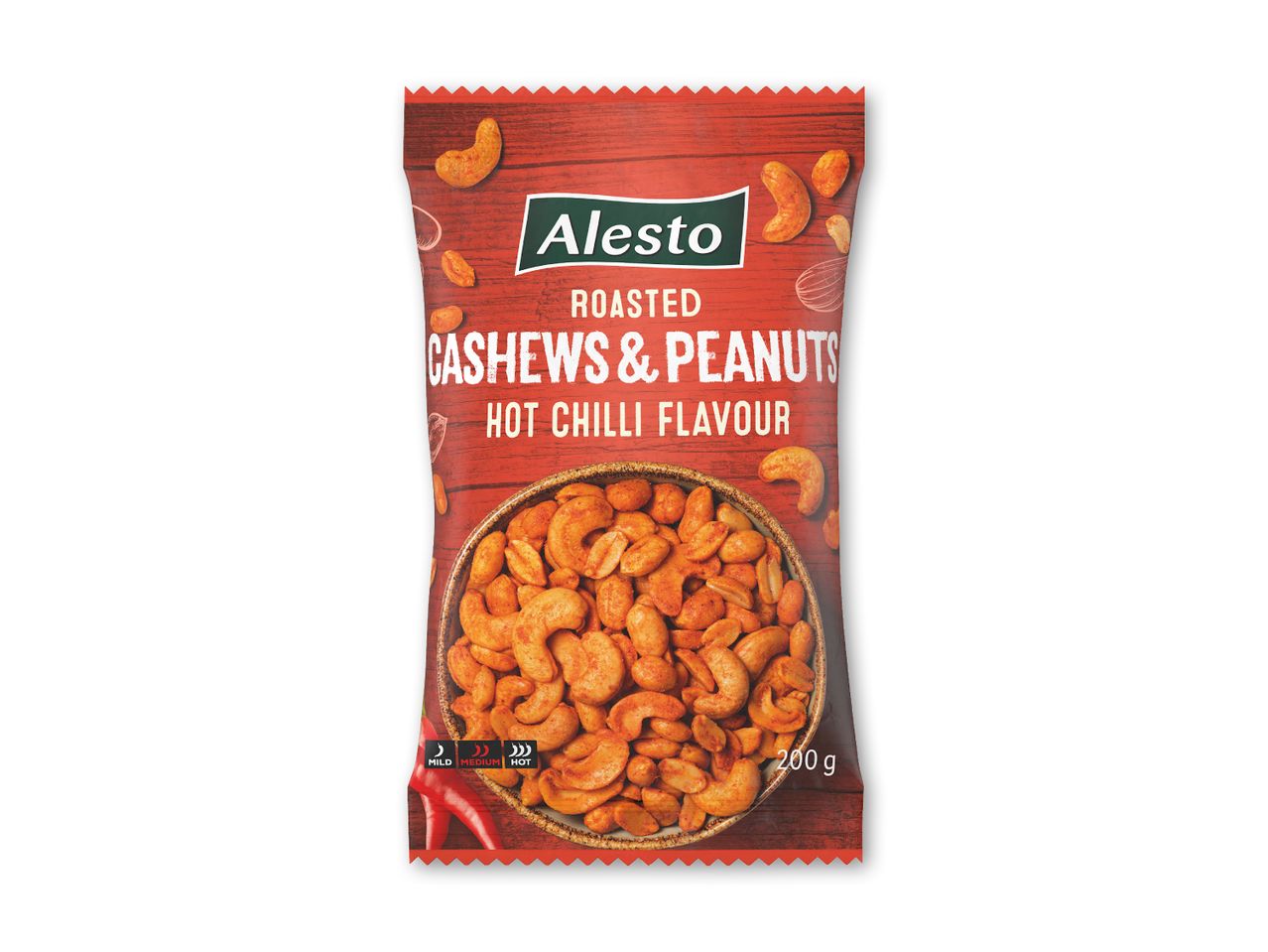 Ristede cashewnødder og peanuts med hot chili-smag i en rød pose, 200 g.