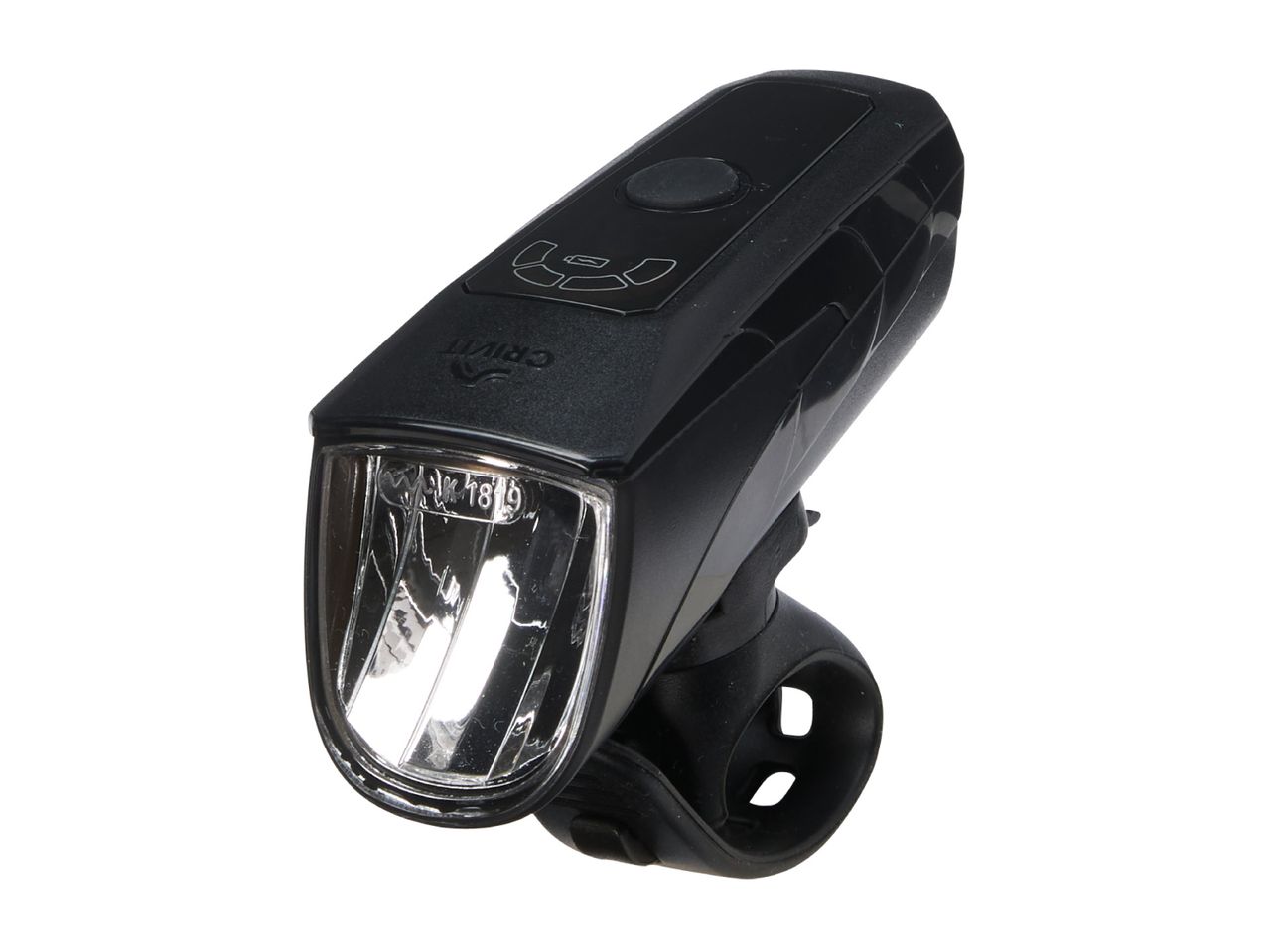 Black bicycle headlight with a clear lens and a mounting strap, angled view.