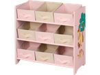 Prateleira de brinquedos rosa LIVARNO com 9 caixas de tecido e motivo animal.