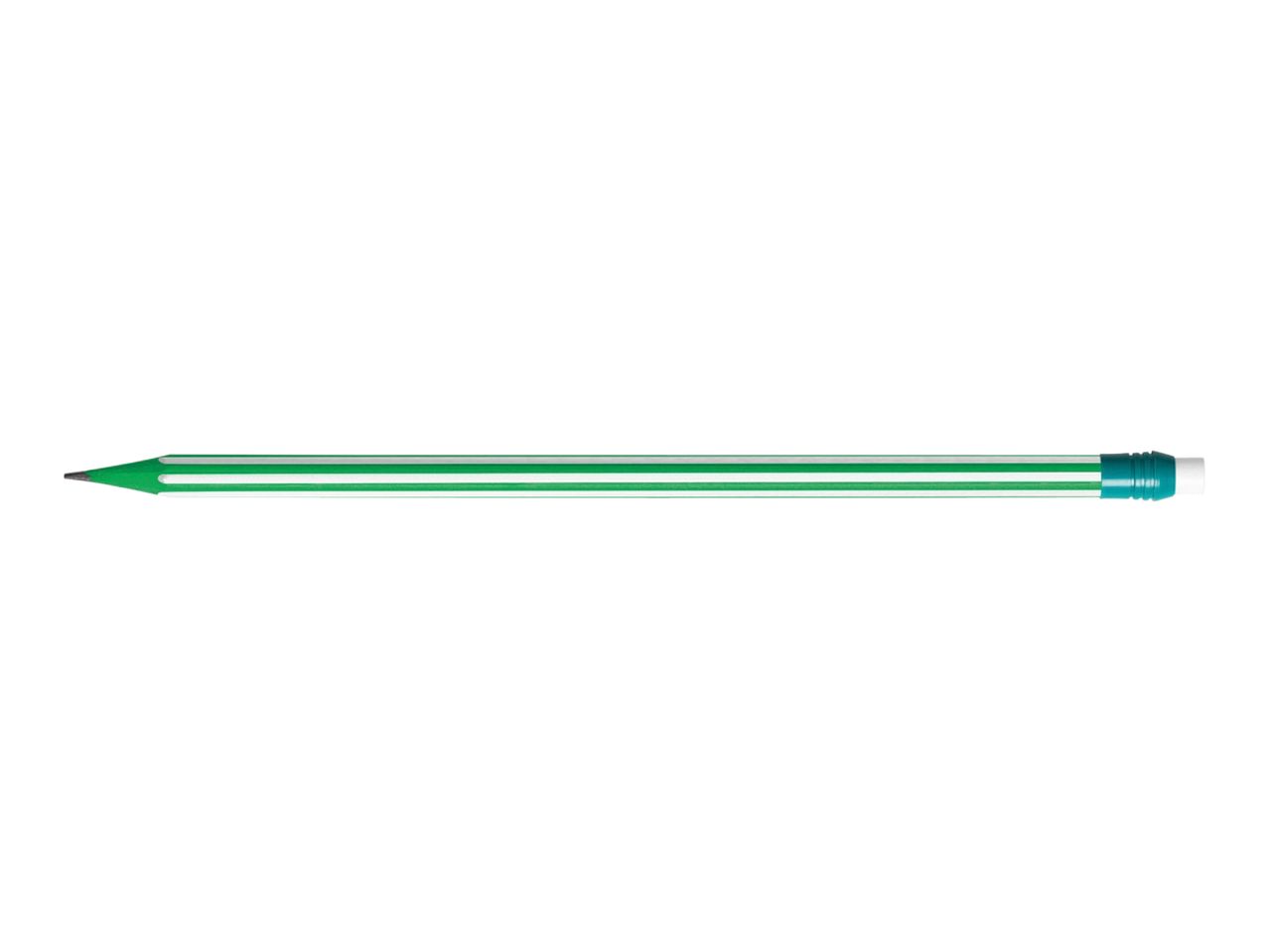 A green and white striped pencil with an eraser on a white background.