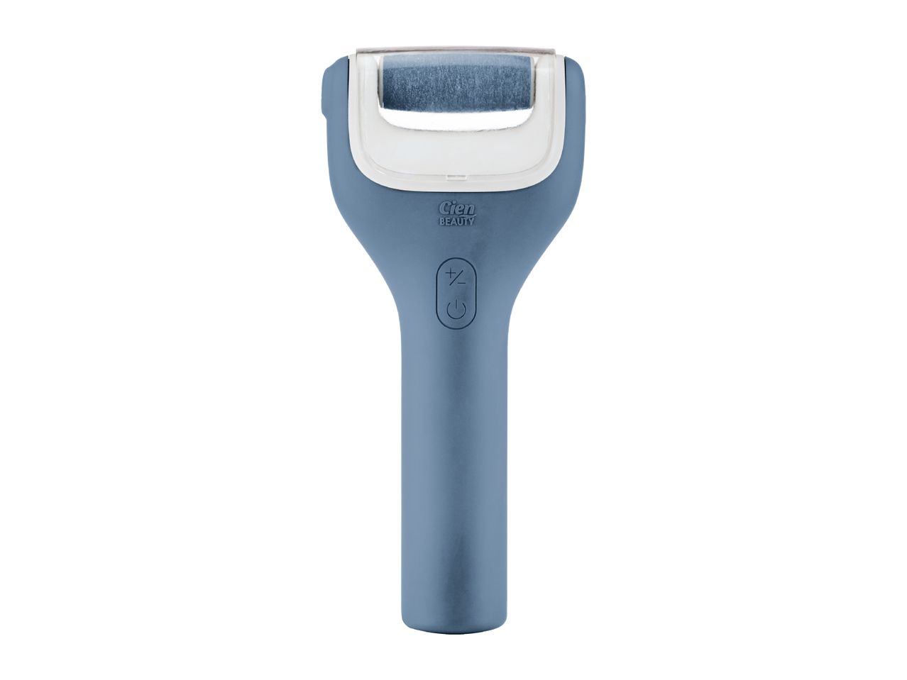 Blue electric foot file with a white head and power/speed buttons.