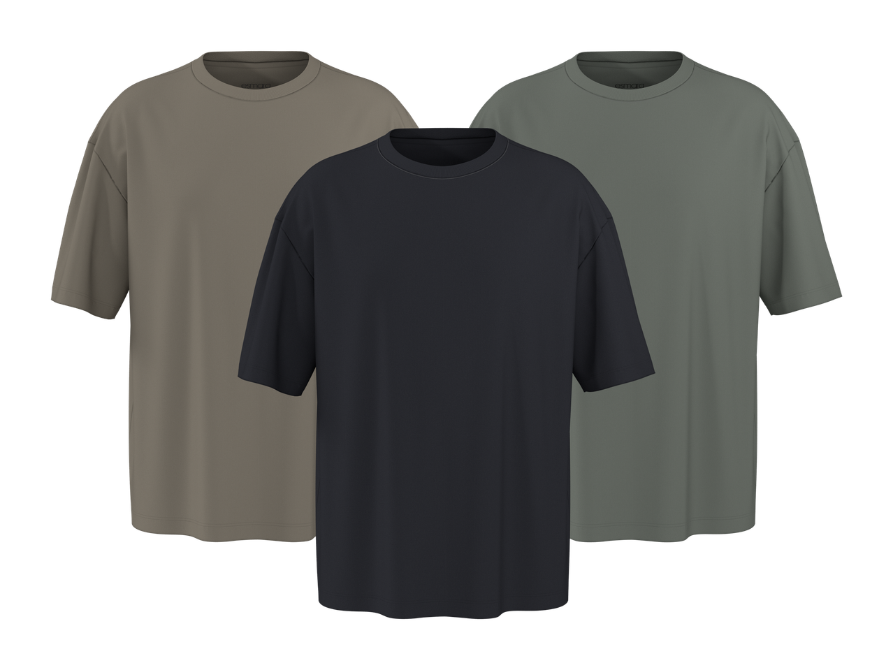 Tri muške majice kratkih rukava u tamno sivoj, bež i maslinasto zelenoj boji.