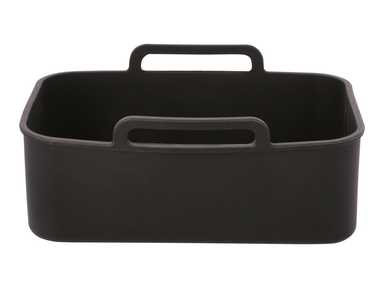 Black rectangular silicone air fryer basket with two handles.