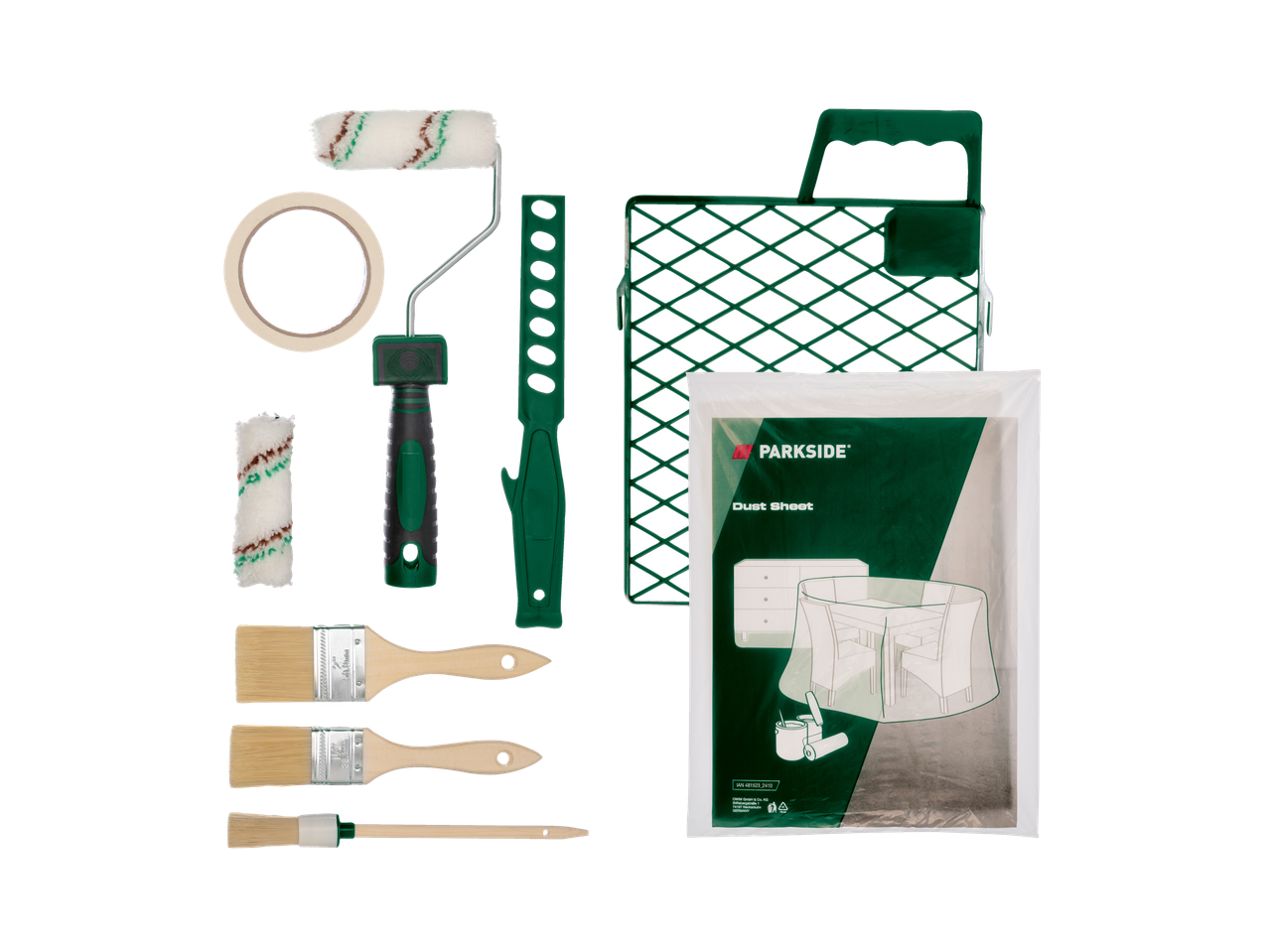 Kit de pintura Parkside com rolos, pincéis, fita adesiva, bandeja e lona antipó.