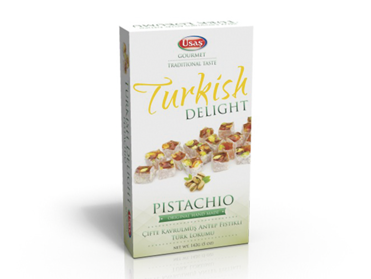 Cutie de rahat turcesc cu fistic, cu textul 'Turkish Delight Pistachio'.