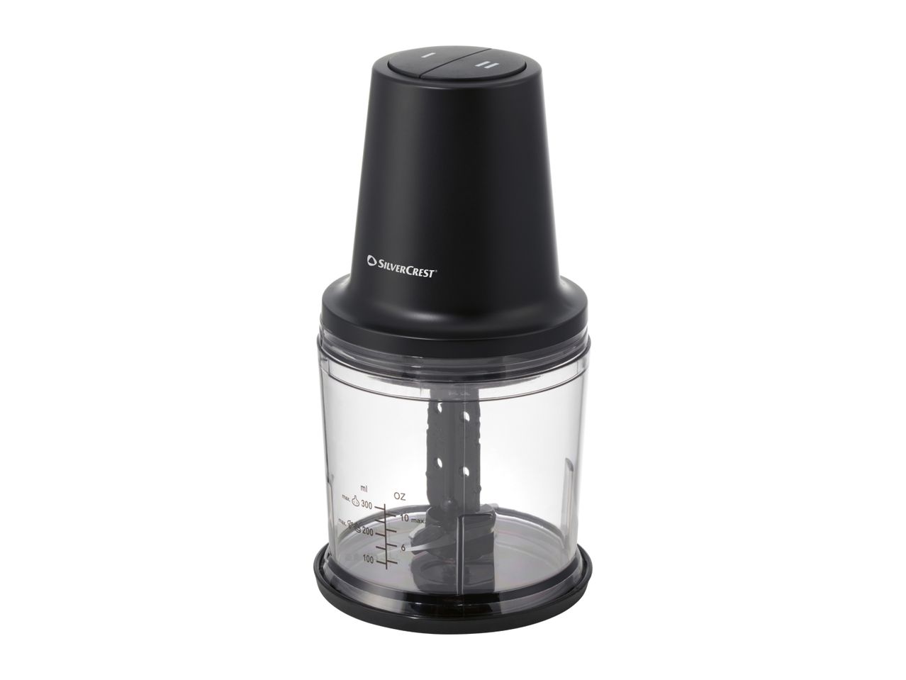 Black food chopper with a transparent bowl showing measurement markings up to 300ml.