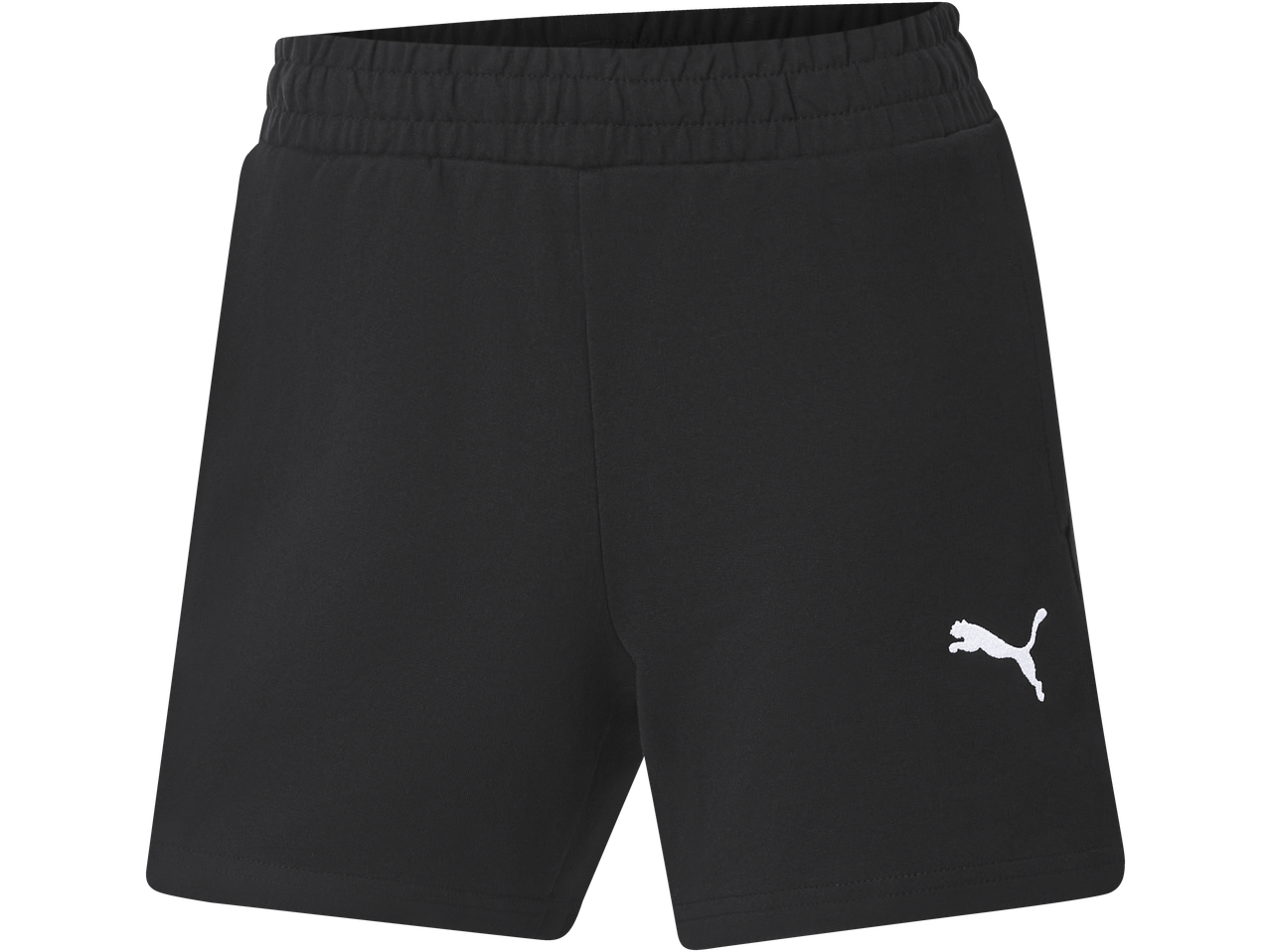 Pantaloni scurți PUMA negri de damă cu talie elastică și logo alb.