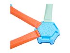 Colorful plastic construction toy pieces, including orange bars and a blue hexagonal connector.