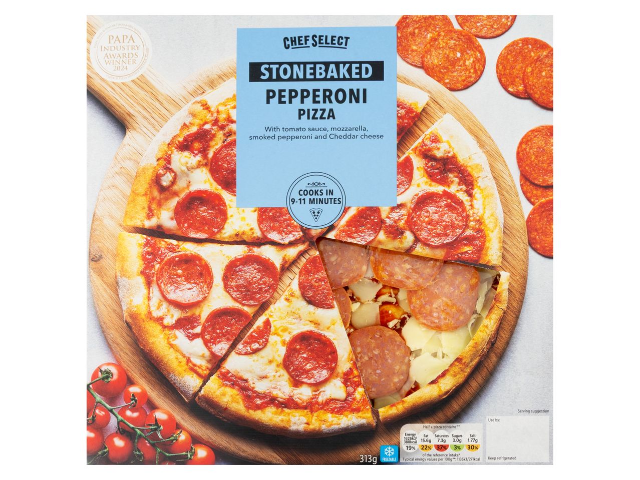 A Tesco Finest Stonebaked Pepperoni Pizza in its box.