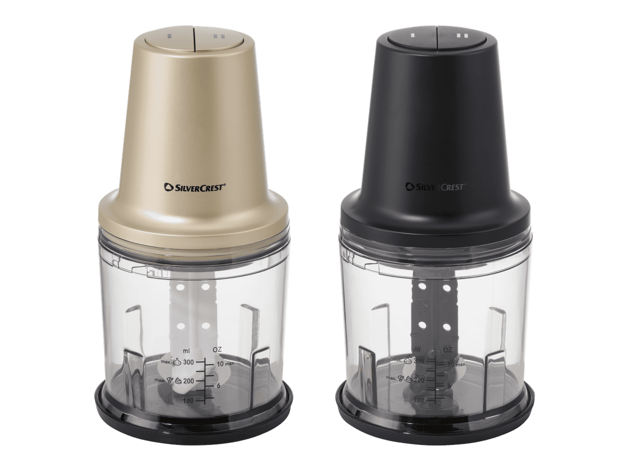 Kaksi Silvercrest-minisilppuria, toinen kullanvärinen ja toinen musta.