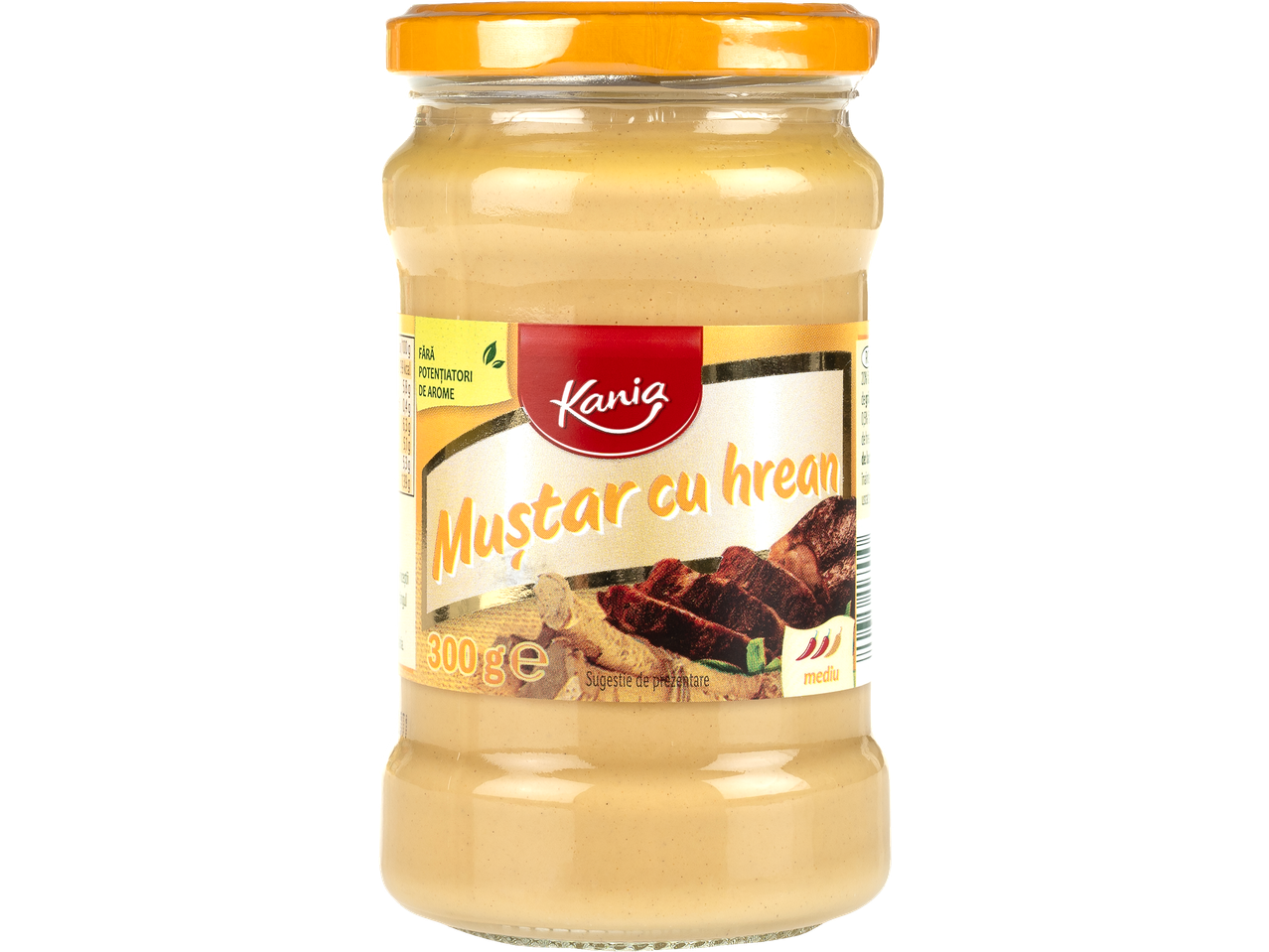 Borcan de muștar Kania cu hrean, 300g, cu mențiunea 'fără potențiatori de arome'.