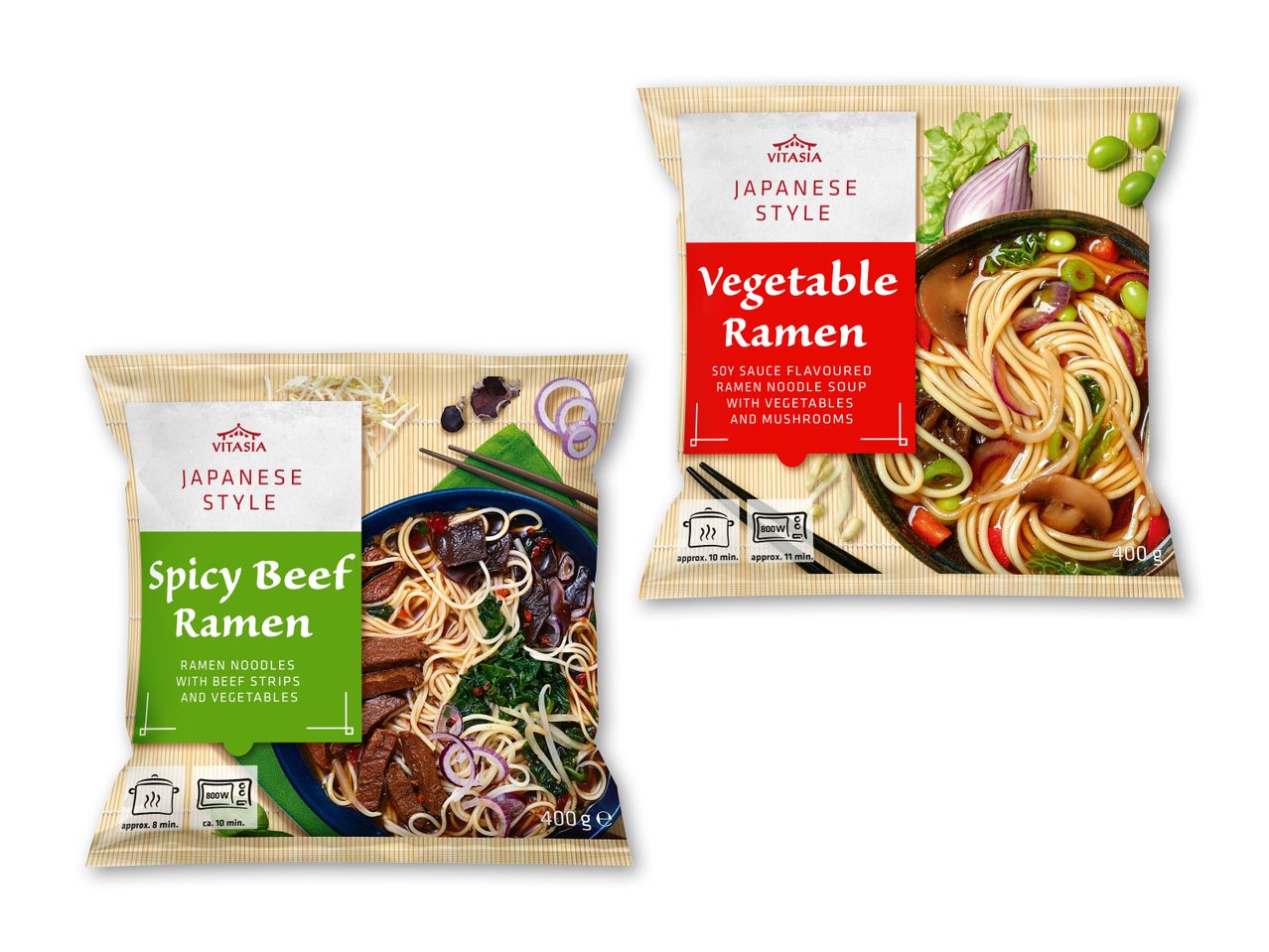 To pakker japansk ramen: en vegetabilsk ramen og en krydret oksekødsramen.