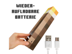 Minecraft Fackellampe mit einer Hand, die einen Knopf drückt, USB-A- und USB-C-Kabel und den Text „WIEDERAUFLADBARE BATTERIE“