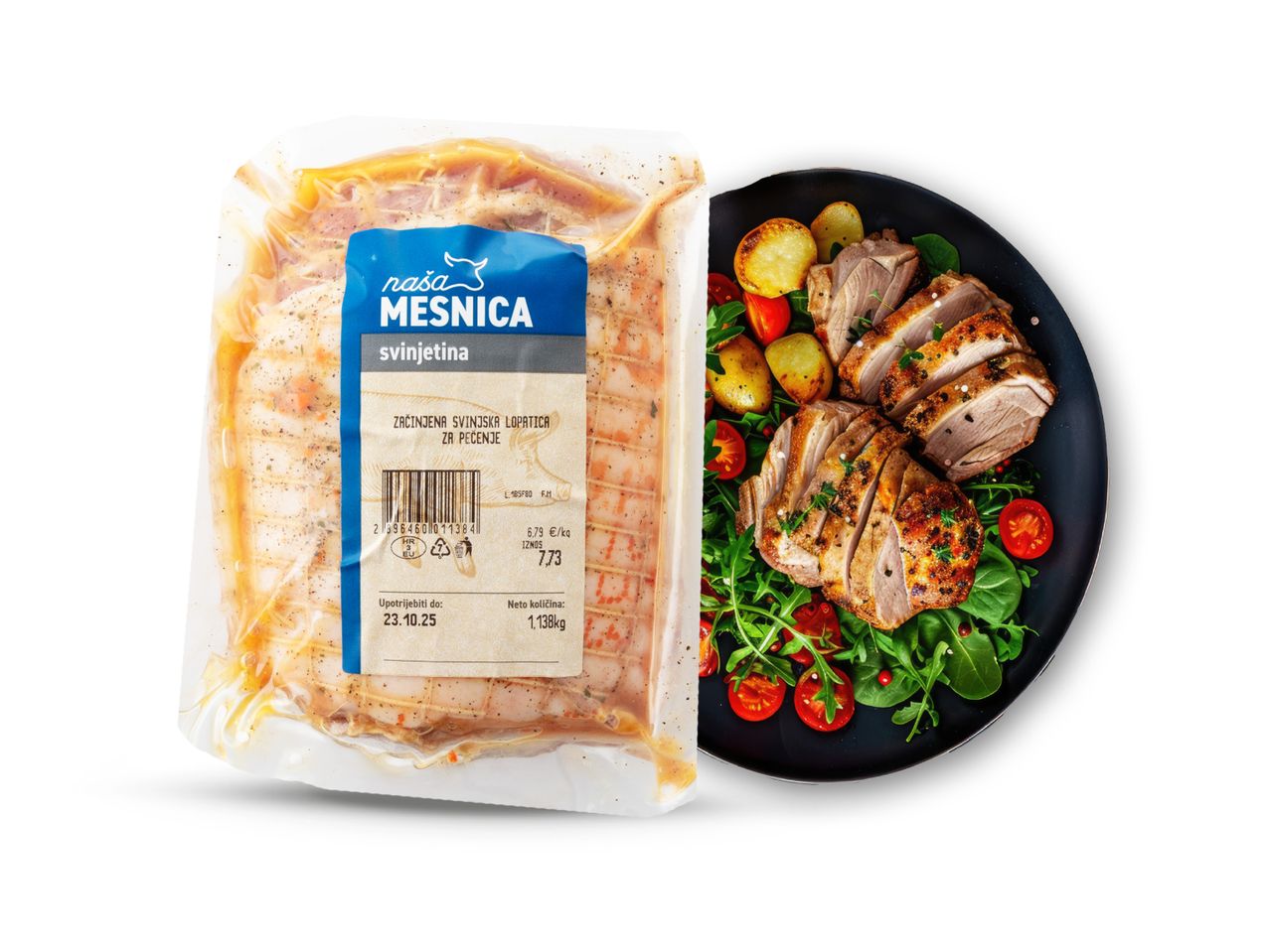 Naša Mesnica začinjena svinjska lopatica za pečenje i posluženo jelo s krumpirom i salatom.