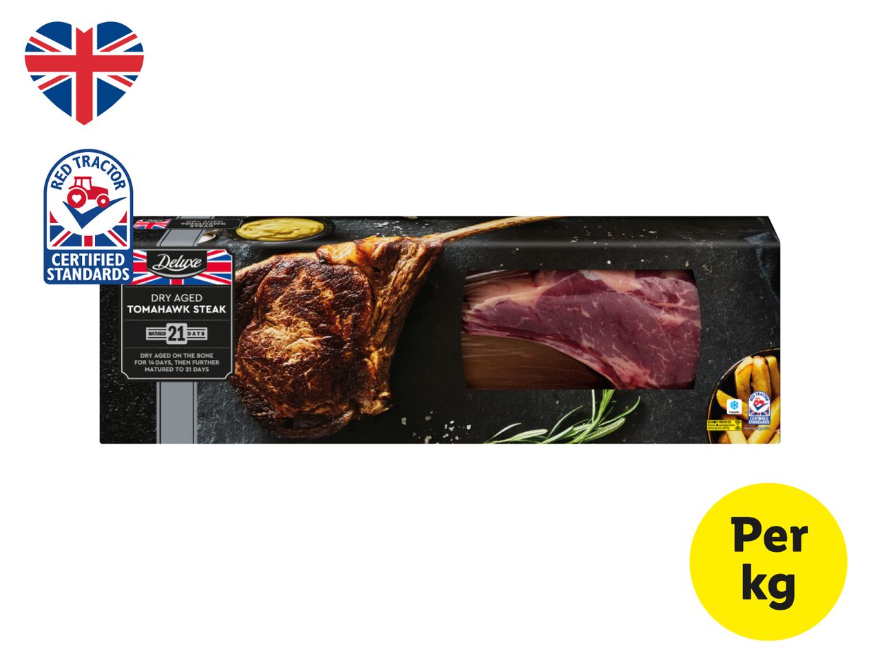 Deluxe dry-aged tomahawk steak, 21 days matured, Red Tractor Certified Standards.