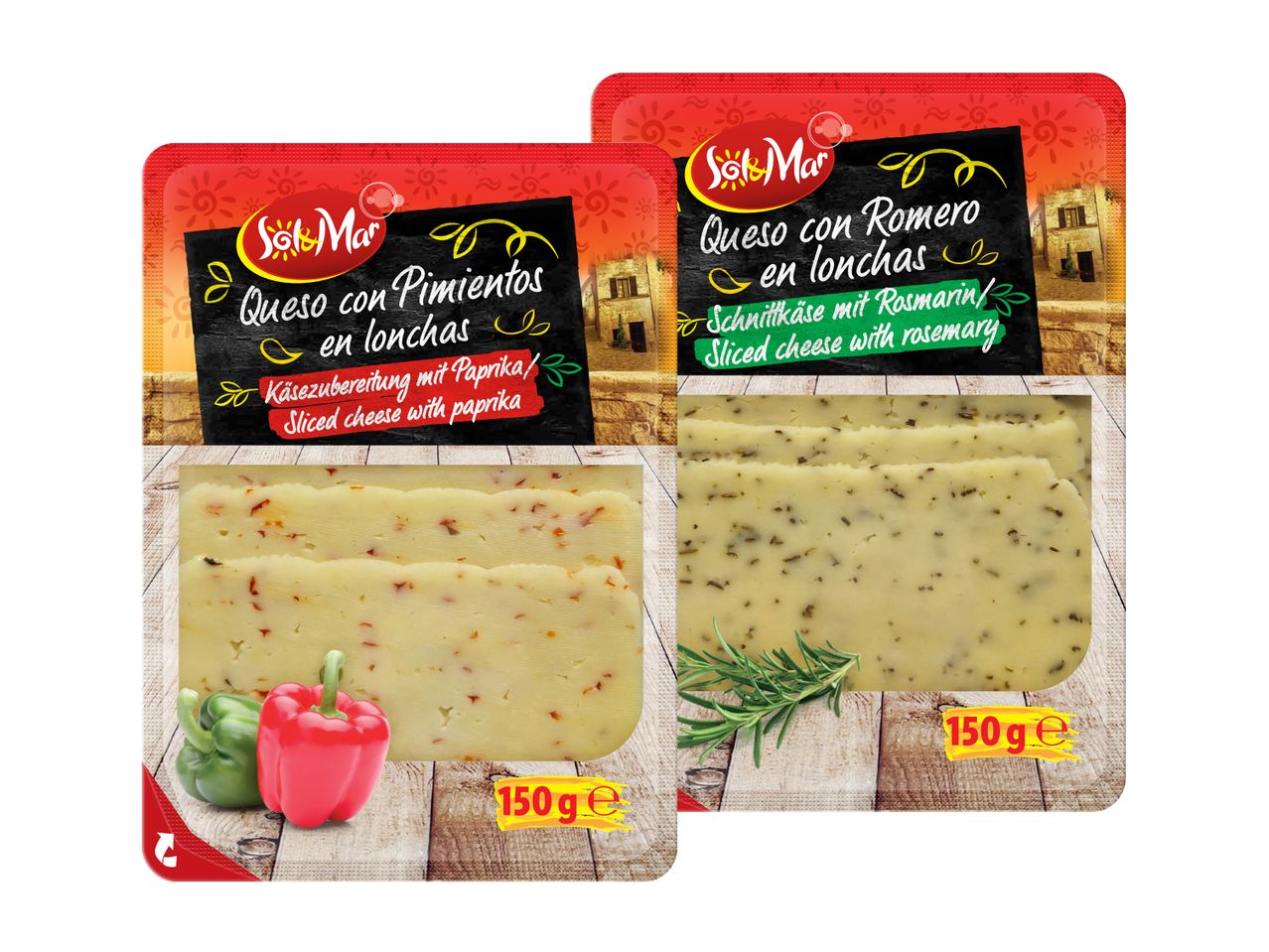 Zwei Sol&Mar Käsesorten: Paprika und Rosmarin, jeweils 150g.