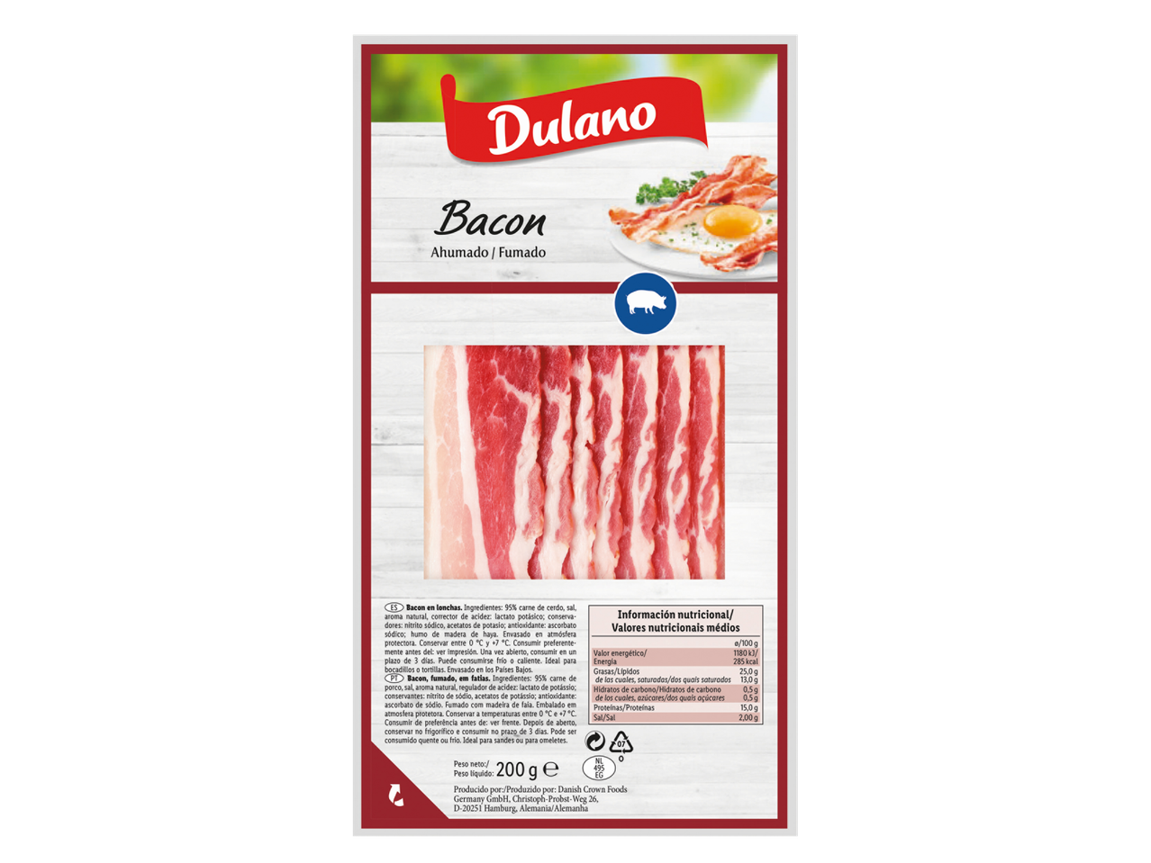 Fatias de bacon fumado Dulano com informação nutricional e sugestões de preparação.