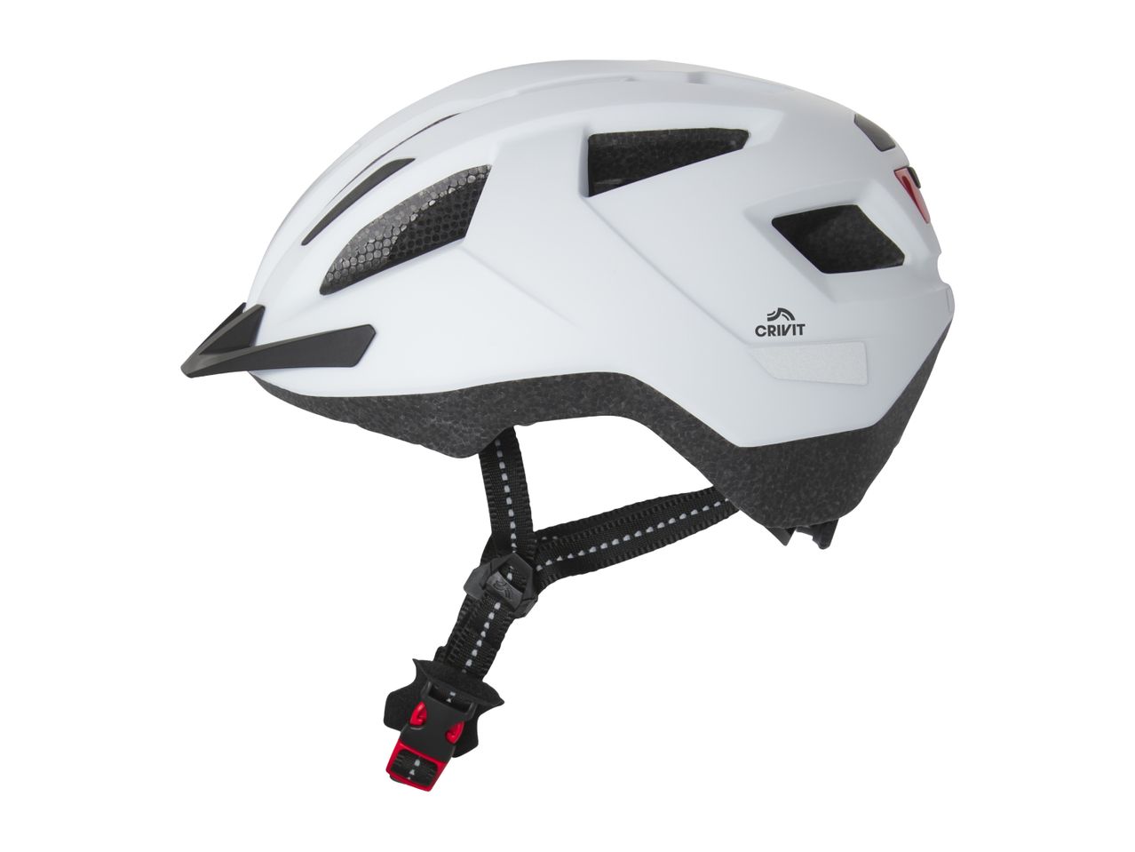 White bicycle helmet with black visor and straps, featuring ventilation holes and a rear light.