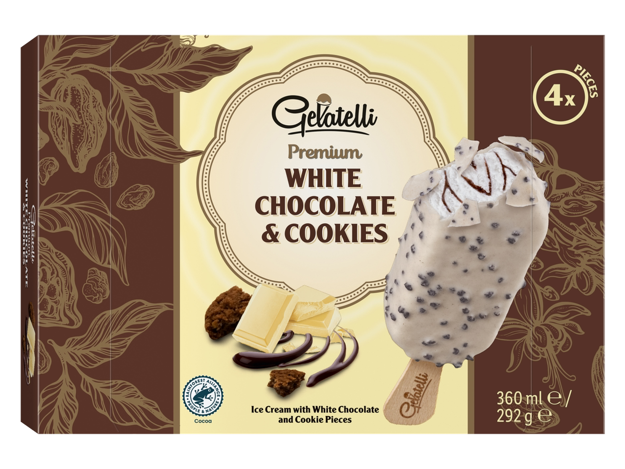 Înghețată Gelatelli premium cu ciocolată albă și biscuiți (4 bucăți)
