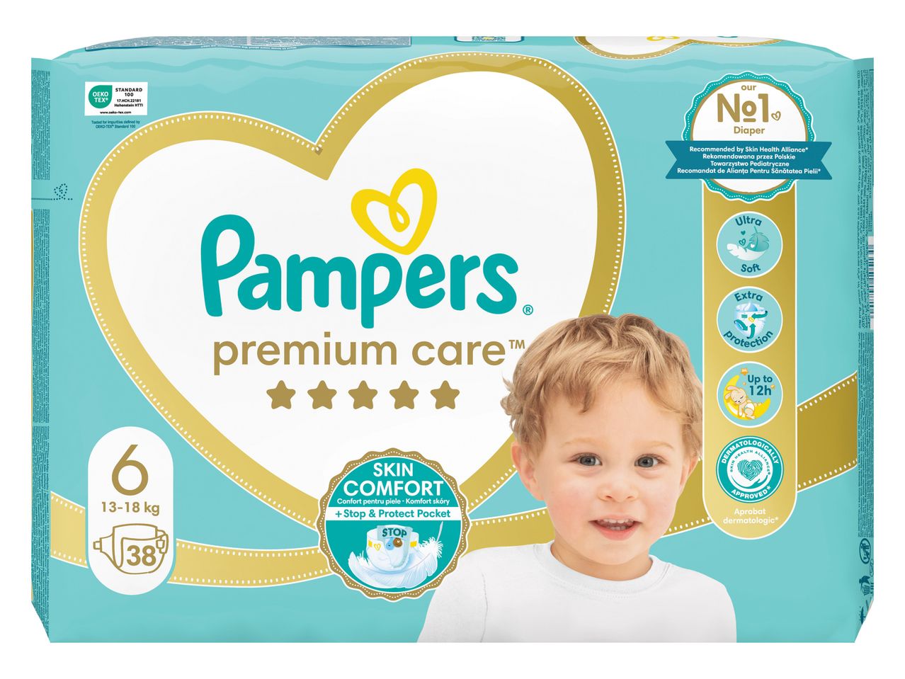 Πακέτο βρεφικών πανών μεγέθους 6 (13-18 κιλά) με 38 πάνες, με σχέδιο καρδιάς και παιδί.
