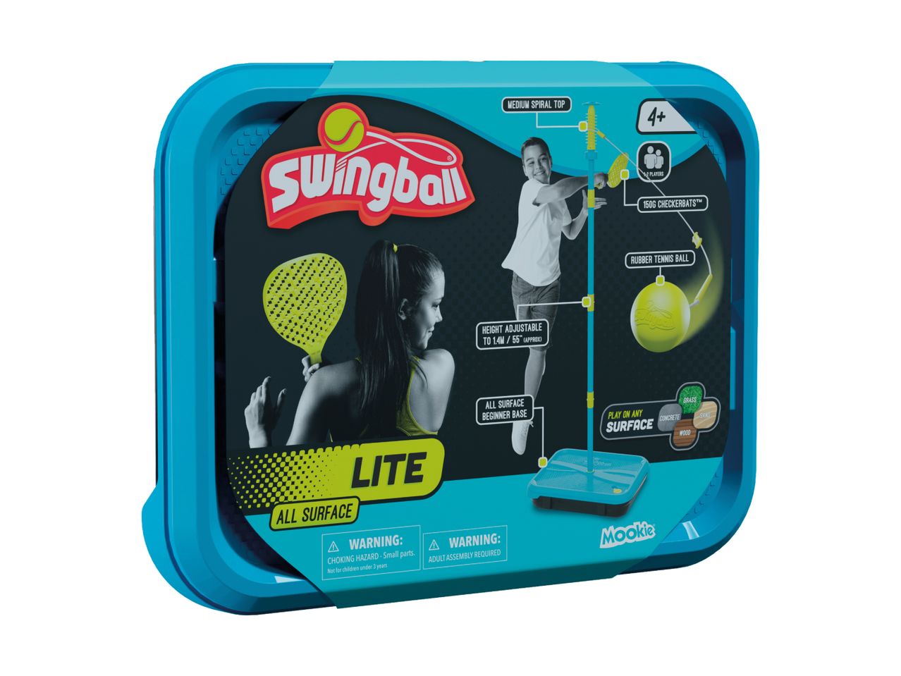 Swingball Lite game set with adjustable height, suitable for 1-2 players aged 4+, for all surfaces.