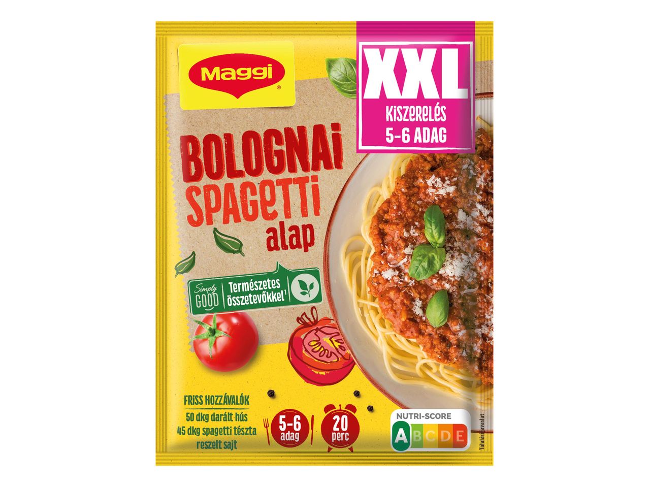 Maggi XXL Bolognese spagetti alap, 5-6 adag, 20 perc alatt elkészíthető.