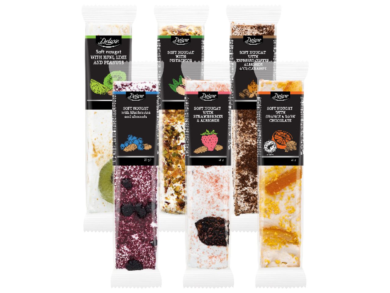 Deluxe mīkstās nugas batoniņi ar dažādām garšām: kivi, laims, zemene, pistācijas, kafija, apelsīns.