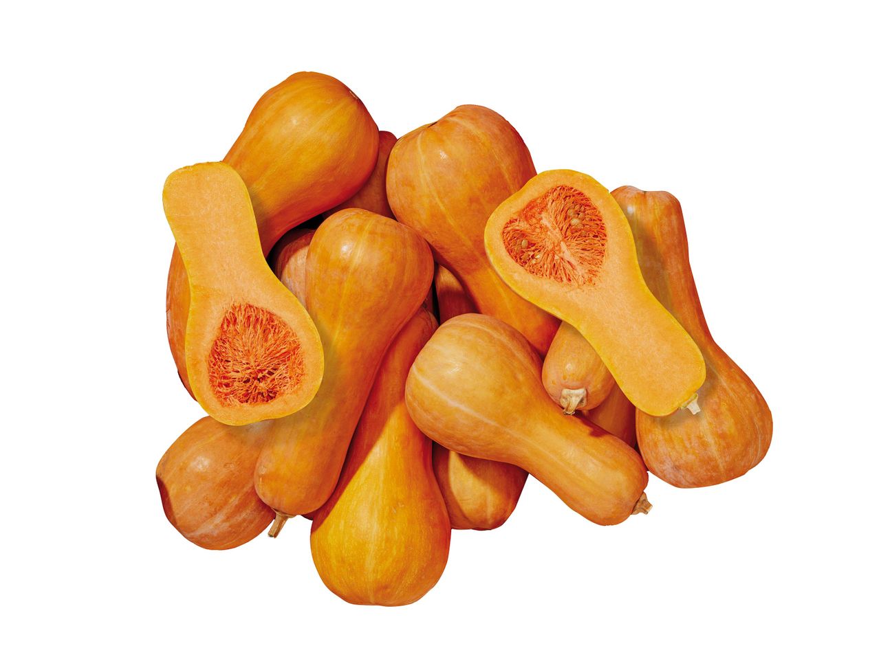 Egy halom butternut tök, néhány félbevágva, magokkal láthatóan.