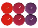 Six colorful tea light candles in red, magenta, and purple.
