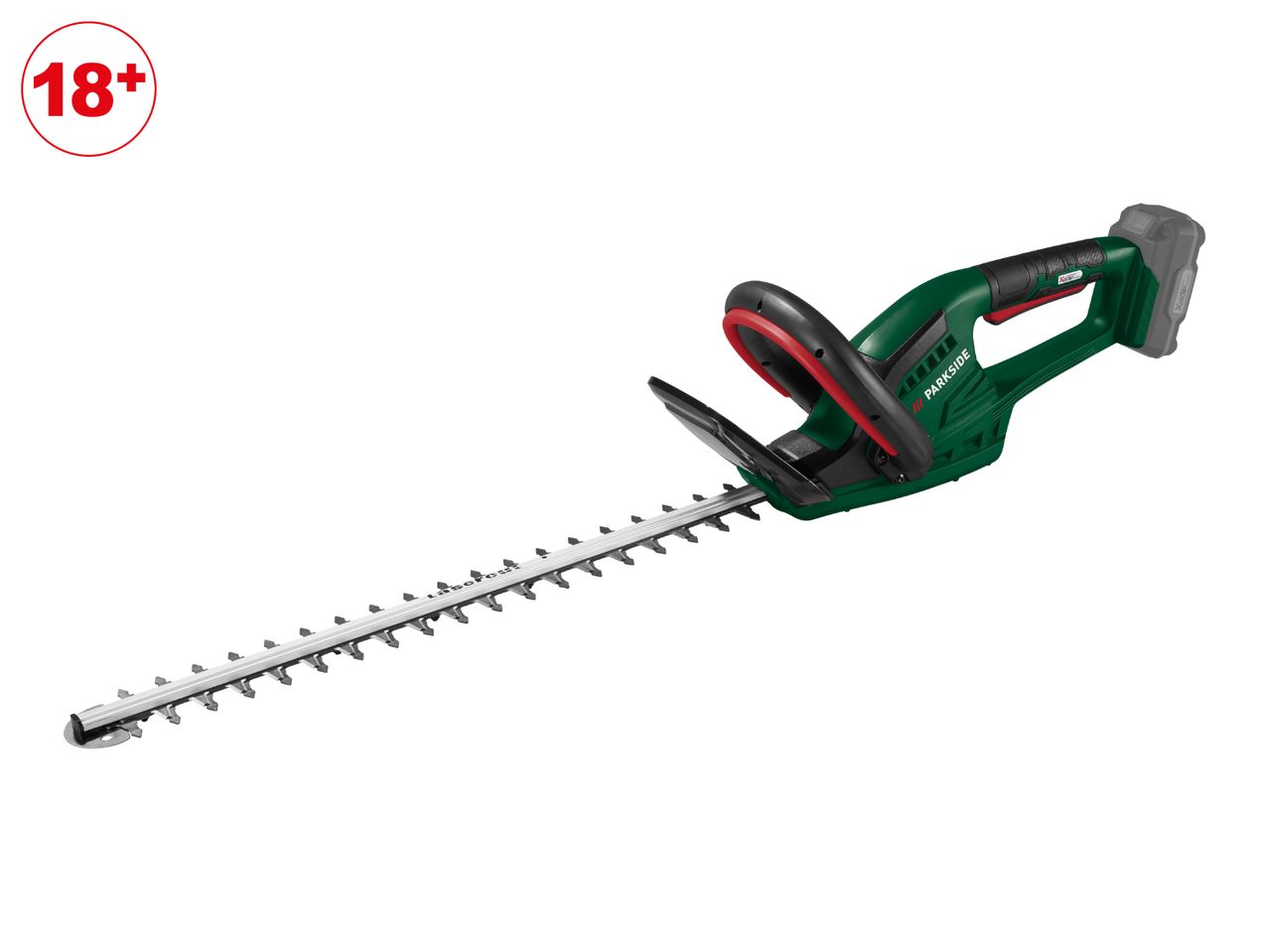 Cordless hedge trimmer with a long blade and an 18+ age restriction symbol.