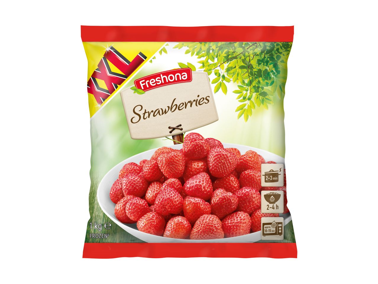 Freshona frozen strawberries in a 1kg bag, with cooking instructions.