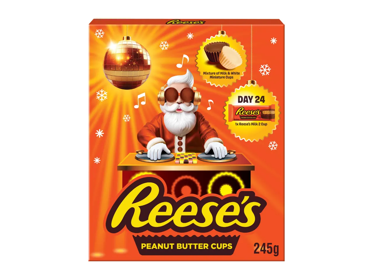 Reese's Peanut Butter Cups advent calendar featuring DJ Santa and disco ball.