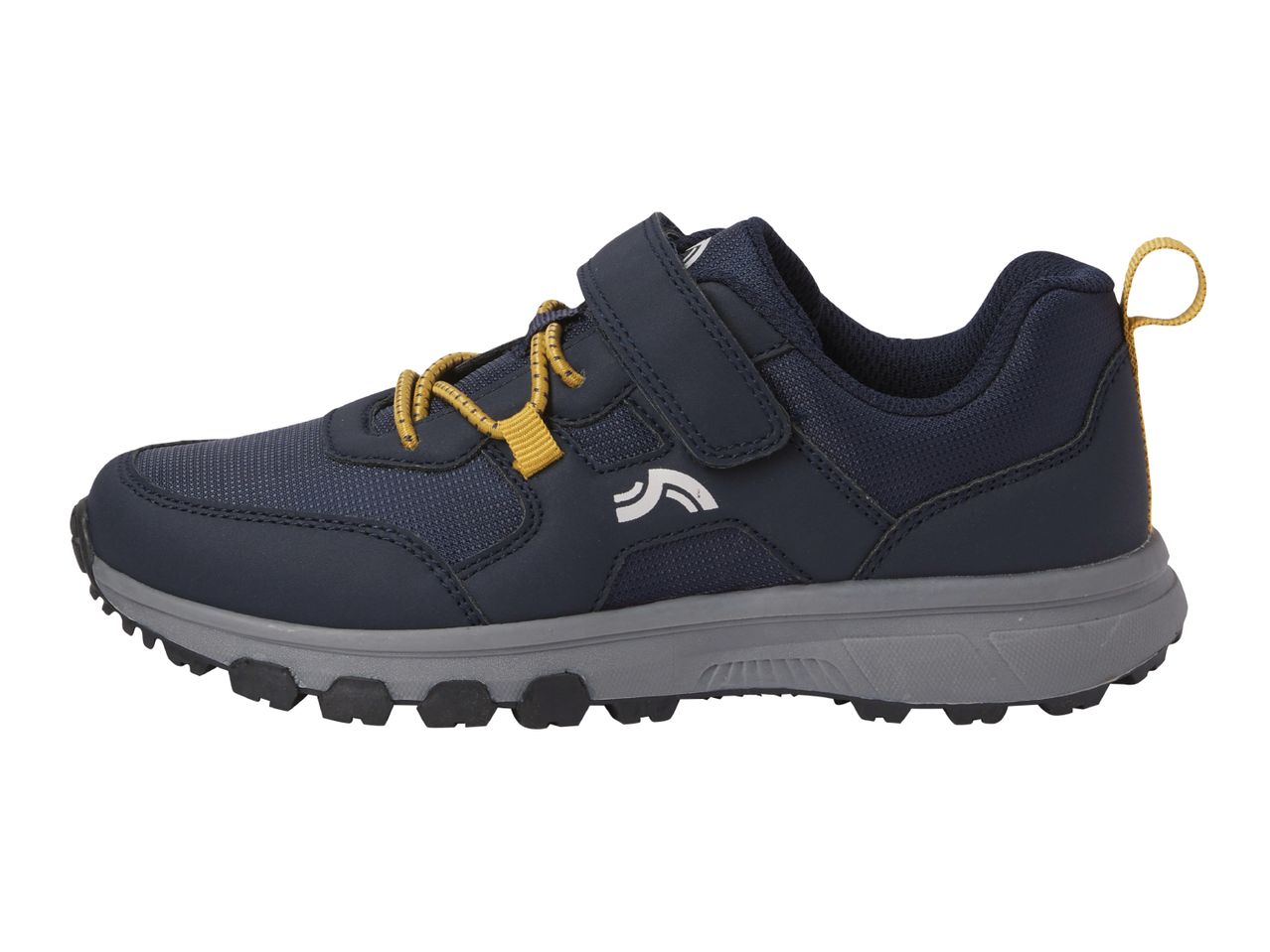 A single navy blue and grey hiking shoe with yellow laces and a velcro strap.
