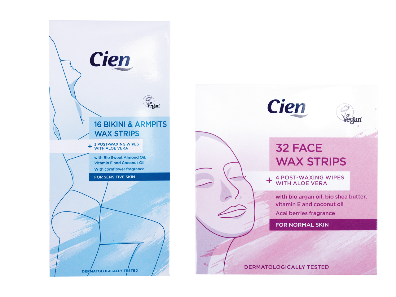 Benzi depilatoare pentru bikini și axile pentru piele sensibilă și benzi depilatoare faciale pentru piele normală.