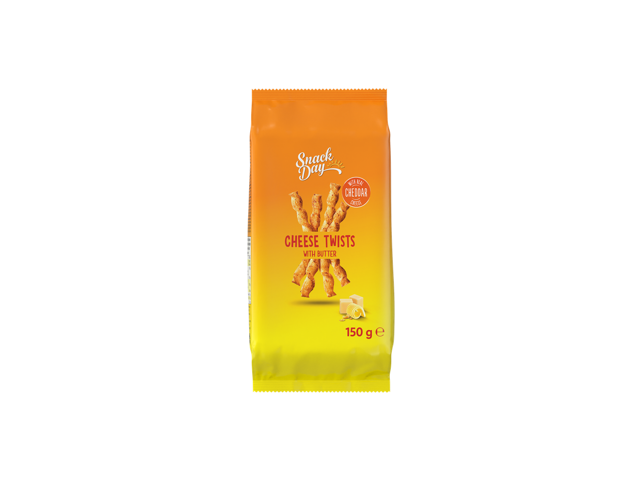 Pachet Snack Day Cheese Twists cu brânză cheddar și unt, 150g.