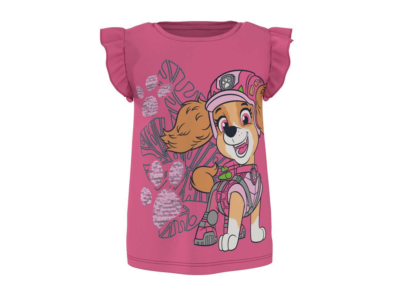 Pink girls' t-shirt with ruffled sleeves and a cartoon dog character with paw prints.