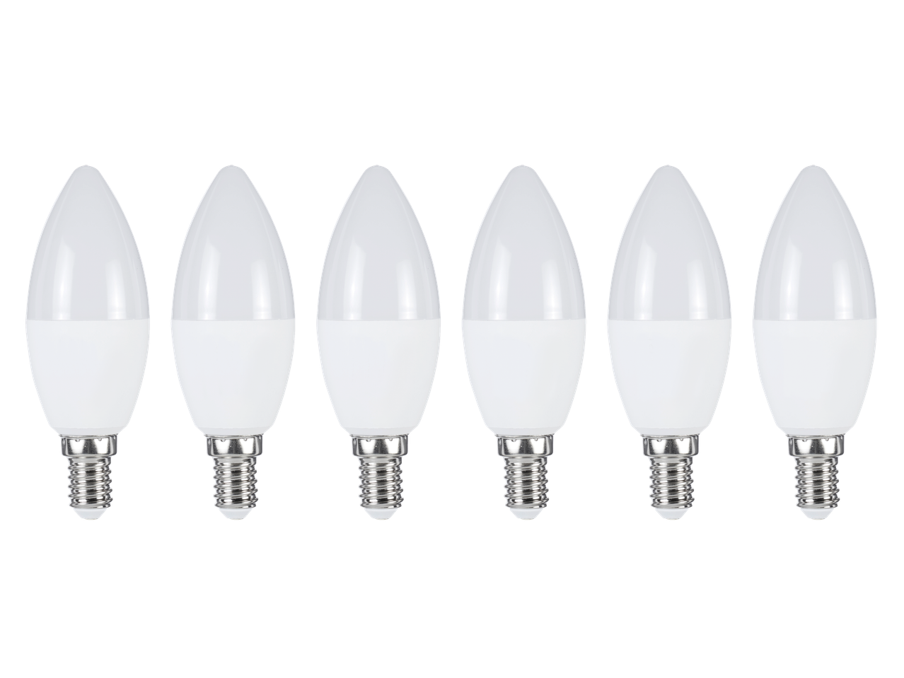 Seis lâmpadas LED em forma de vela.