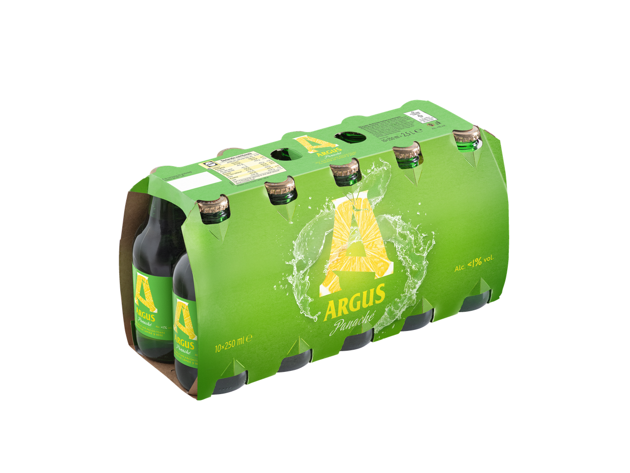Pachet de 10 băuturi răcoritoare Argus Panaché cu aromă de lămâie și bere, cu mai puțin de 1% alcool.