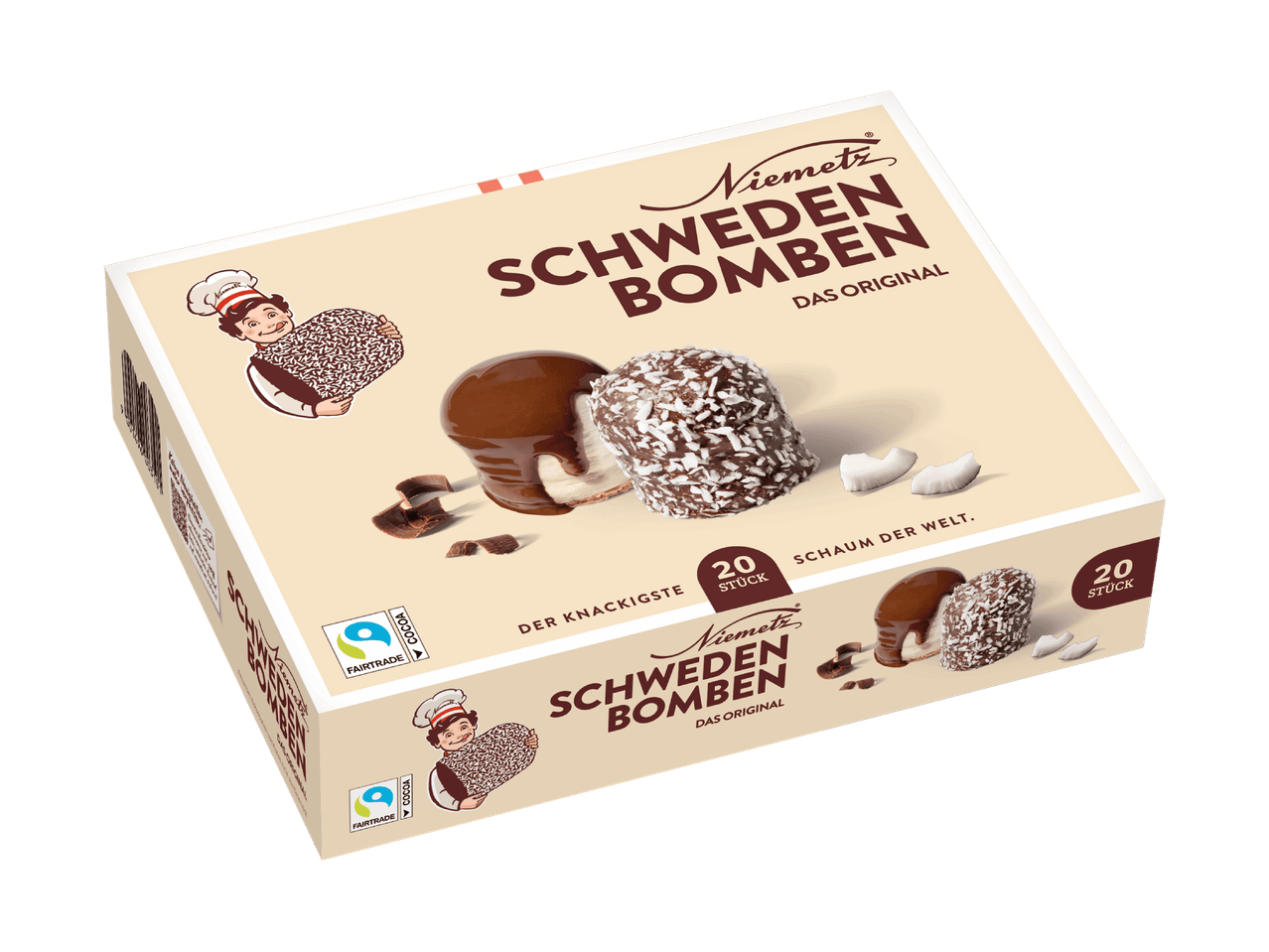Niemetz Schwedenbomben Original, eine Packung mit 20 Stück, Schokoküsse mit Kokosraspeln.